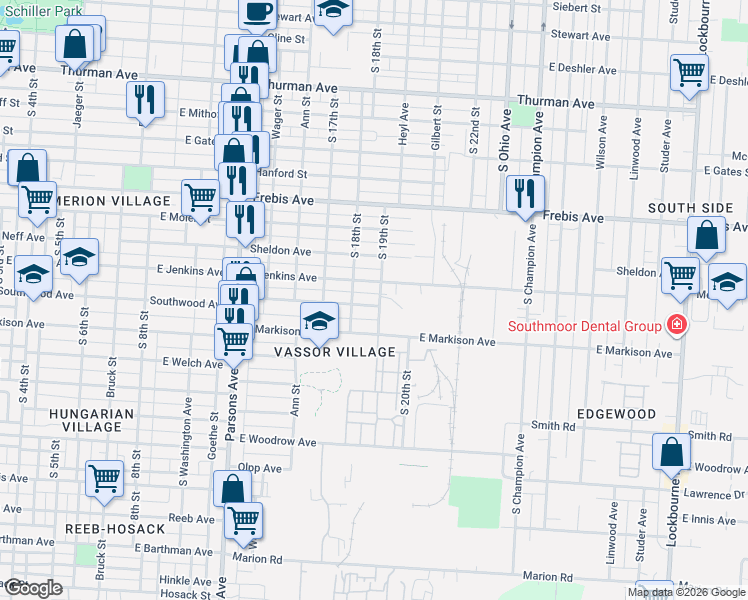 map of restaurants, bars, coffee shops, grocery stores, and more near 647 Southwood Avenue in Columbus