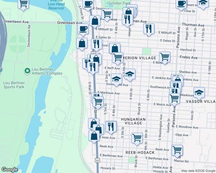 map of restaurants, bars, coffee shops, grocery stores, and more near 80 East Markison Avenue in Columbus