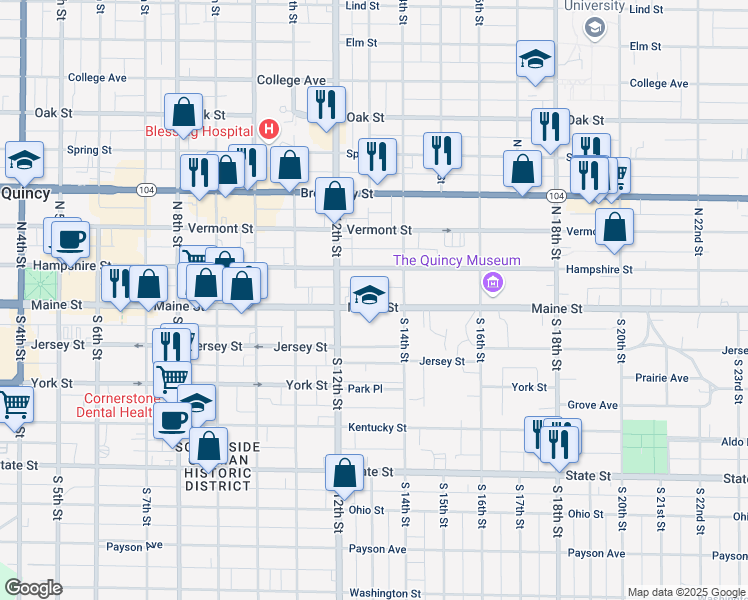 map of restaurants, bars, coffee shops, grocery stores, and more near 100 South 14th Street in Quincy