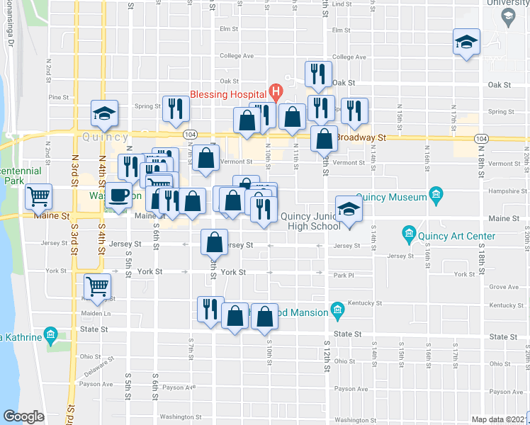 map of restaurants, bars, coffee shops, grocery stores, and more near 1012 Maine Street in Quincy