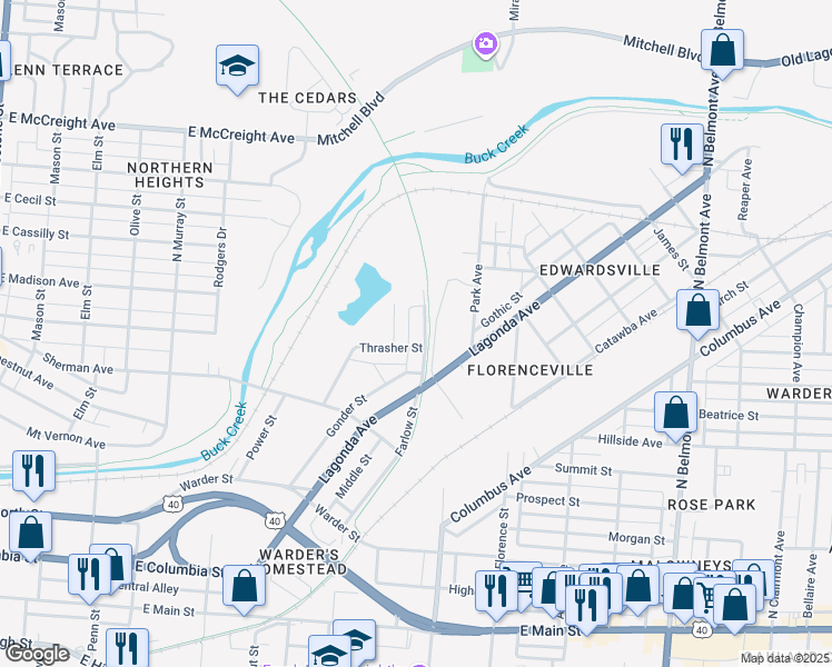 map of restaurants, bars, coffee shops, grocery stores, and more near 1041 Thrasher Street in Springfield
