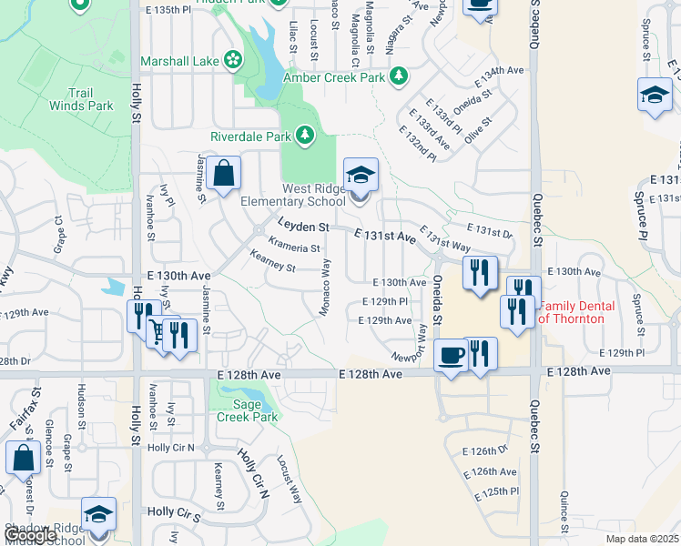 map of restaurants, bars, coffee shops, grocery stores, and more near 13009 Magnolia Street in Thornton