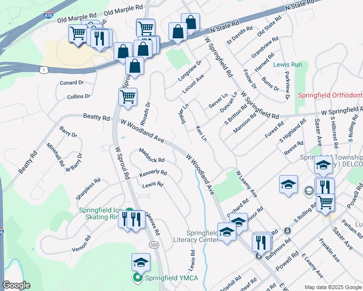 map of restaurants, bars, coffee shops, grocery stores, and more near 517 West Woodland Avenue in Springfield
