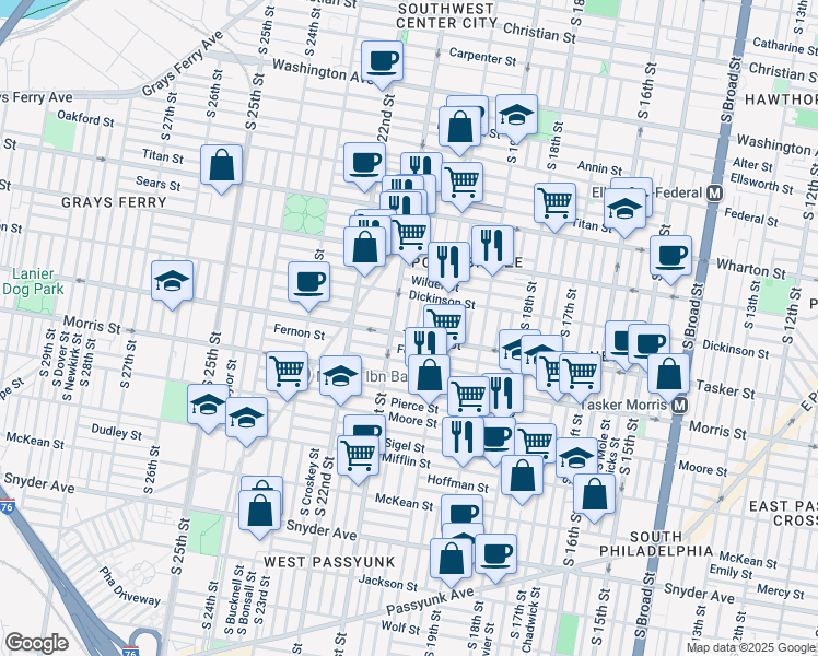 map of restaurants, bars, coffee shops, grocery stores, and more near 1549 South Lambert Street in Philadelphia