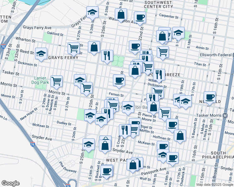 map of restaurants, bars, coffee shops, grocery stores, and more near 1608 South 23rd Street in Philadelphia
