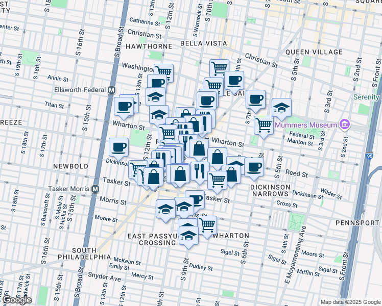 map of restaurants, bars, coffee shops, grocery stores, and more near 1353 East Passyunk Avenue in Philadelphia
