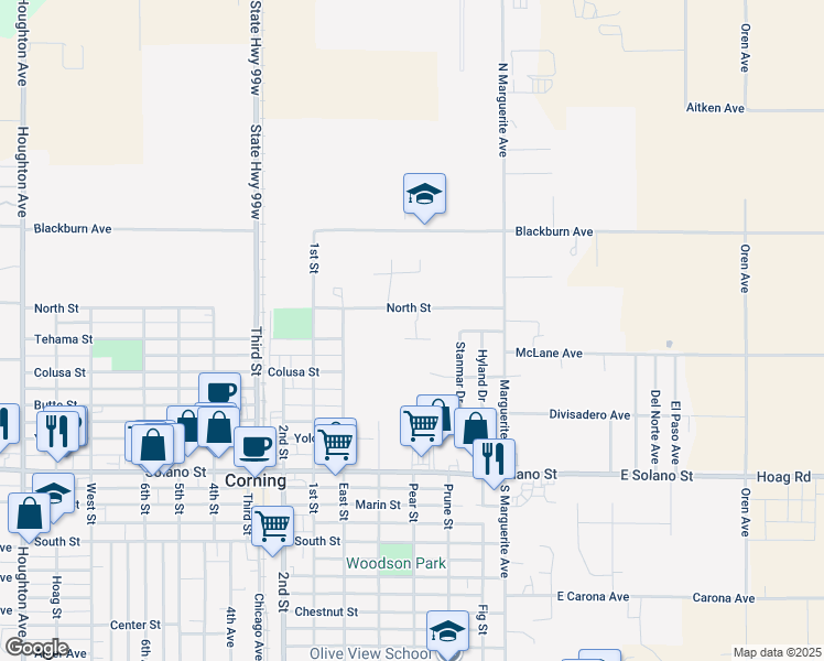 map of restaurants, bars, coffee shops, grocery stores, and more near 631 North Street in Corning