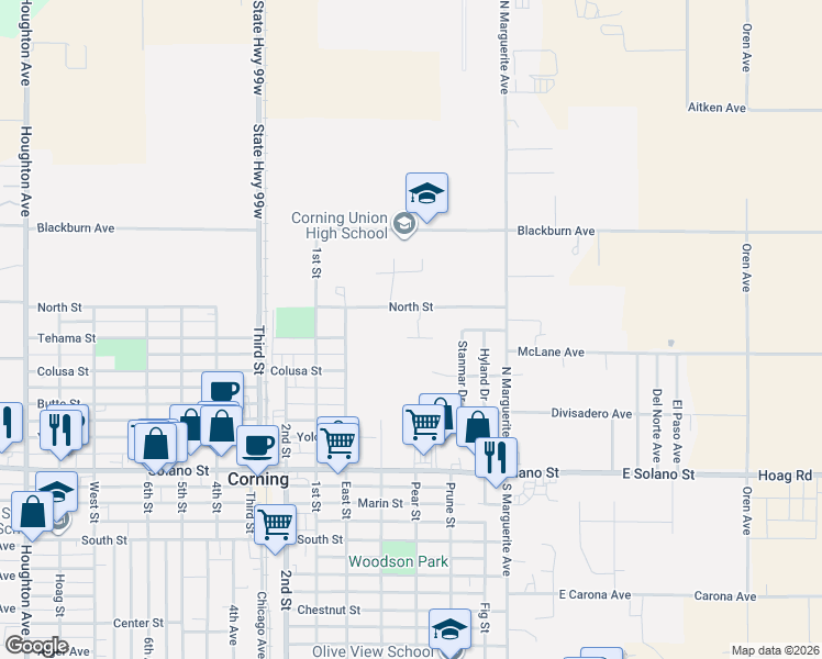 map of restaurants, bars, coffee shops, grocery stores, and more near 635 North Street in Corning