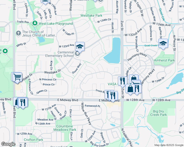 map of restaurants, bars, coffee shops, grocery stores, and more near Elm Circle in Broomfield