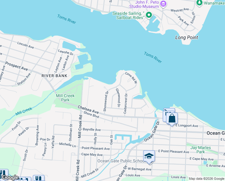 map of restaurants, bars, coffee shops, grocery stores, and more near 81 Shorewood Drive in Ocean County