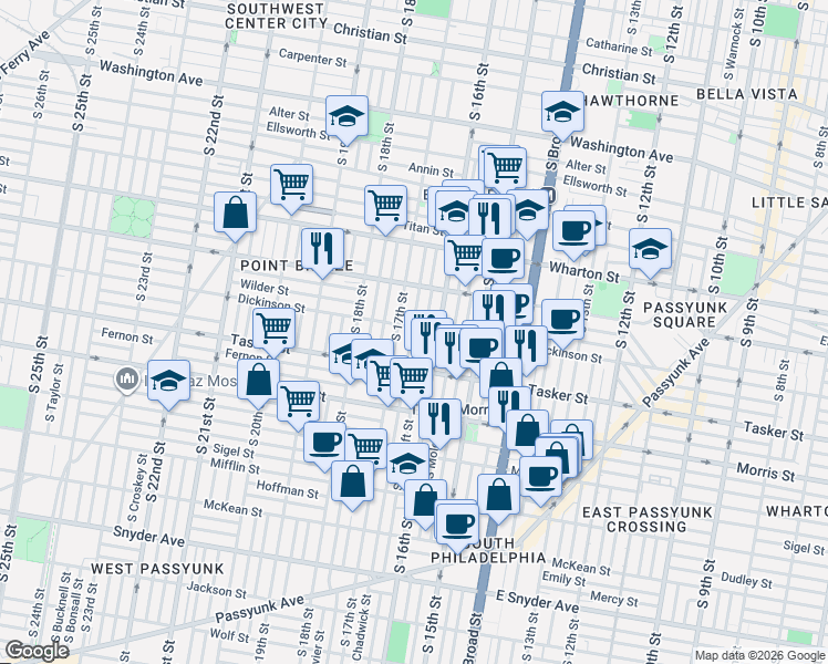map of restaurants, bars, coffee shops, grocery stores, and more near 1626 Dickinson Street in Philadelphia