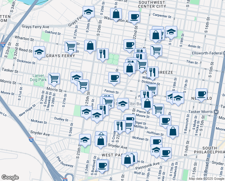 map of restaurants, bars, coffee shops, grocery stores, and more near 1608 South 23rd Street in Philadelphia