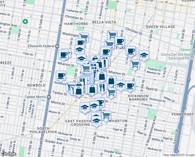 map of restaurants, bars, coffee shops, grocery stores, and more near 1353 East Passyunk Avenue in Philadelphia