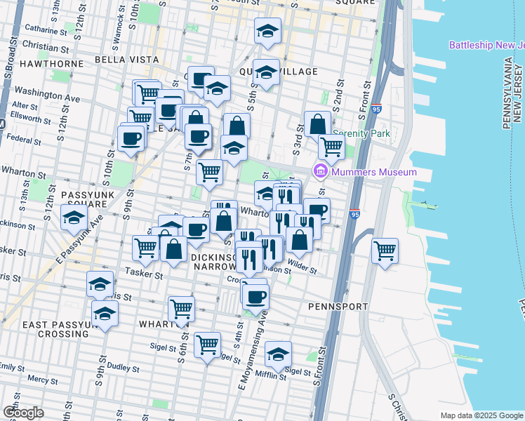 map of restaurants, bars, coffee shops, grocery stores, and more near 347 Wharton Street in Philadelphia