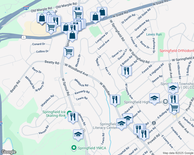 map of restaurants, bars, coffee shops, grocery stores, and more near 517 West Woodland Avenue in Springfield