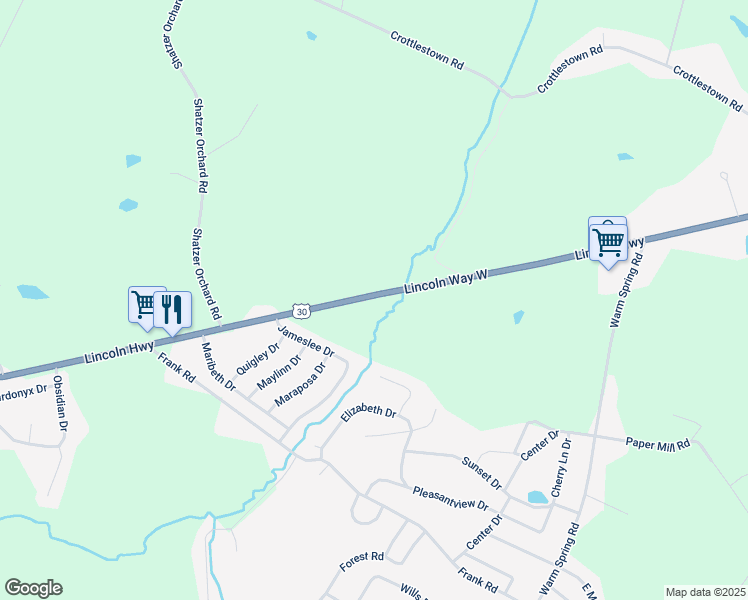 map of restaurants, bars, coffee shops, grocery stores, and more near 2046 Lincoln Way West in Chambersburg