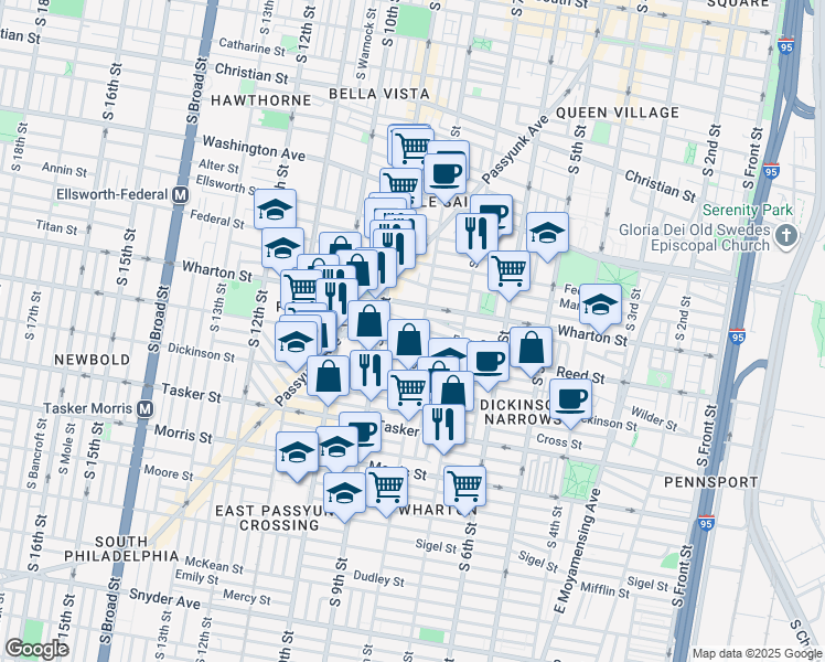 map of restaurants, bars, coffee shops, grocery stores, and more near 1401 South 8th Street in Philadelphia