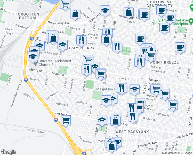 map of restaurants, bars, coffee shops, grocery stores, and more near 1641 South 26th Street in Philadelphia