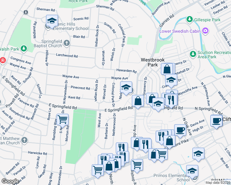 map of restaurants, bars, coffee shops, grocery stores, and more near 51 Colonial Park Drive in Springfield