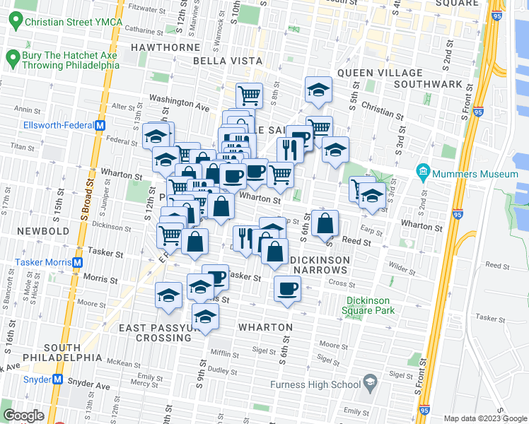 map of restaurants, bars, coffee shops, grocery stores, and more near 735 Earp Street in Philadelphia