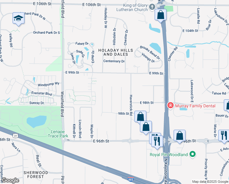 map of restaurants, bars, coffee shops, grocery stores, and more near 9853 Chambray Drive in Indianapolis