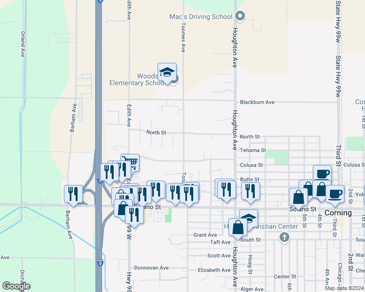 map of restaurants, bars, coffee shops, grocery stores, and more near 380 Toomes Avenue in Corning
