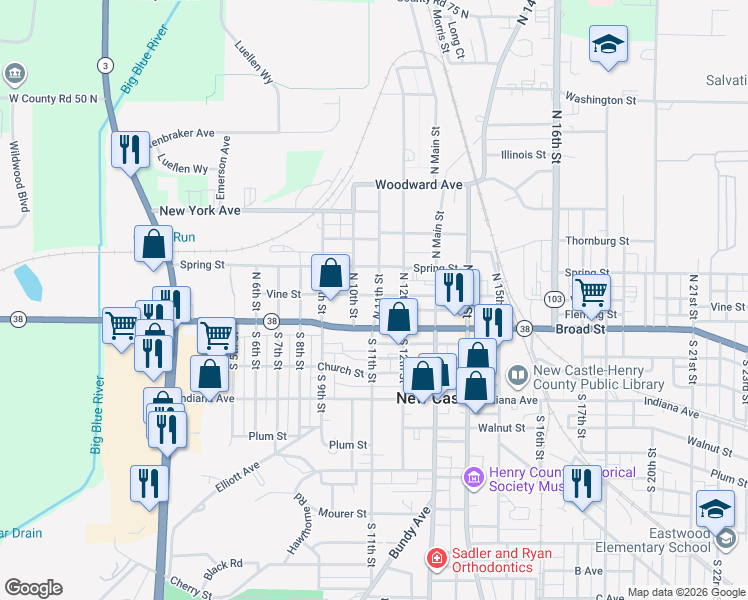 map of restaurants, bars, coffee shops, grocery stores, and more near 1102 Broad Street in New Castle