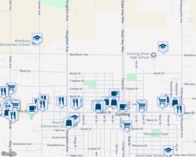map of restaurants, bars, coffee shops, grocery stores, and more near 1301 Tehama Street in Corning