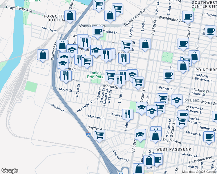 map of restaurants, bars, coffee shops, grocery stores, and more near 1701 South Newkirk Street in Philadelphia