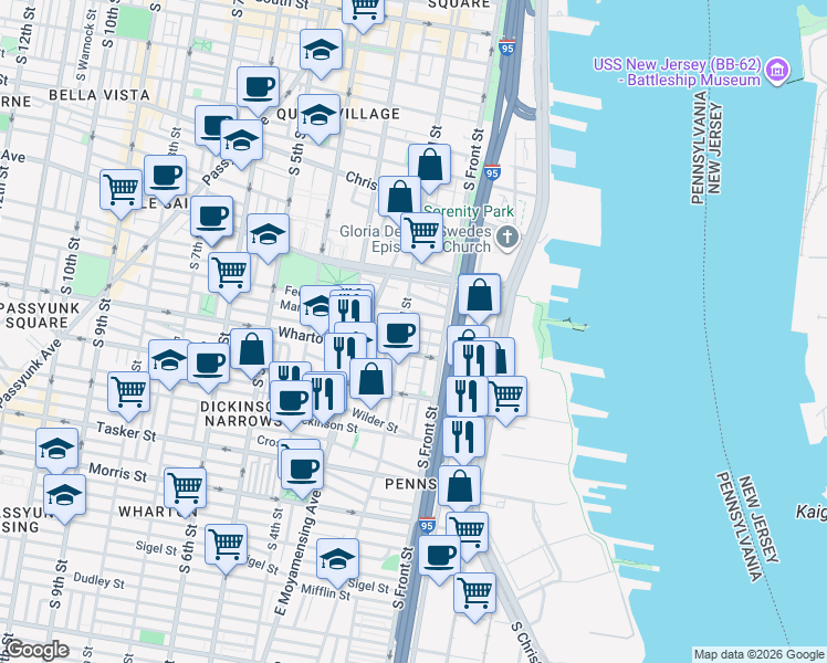 map of restaurants, bars, coffee shops, grocery stores, and more near 119 Wharton Street in Philadelphia
