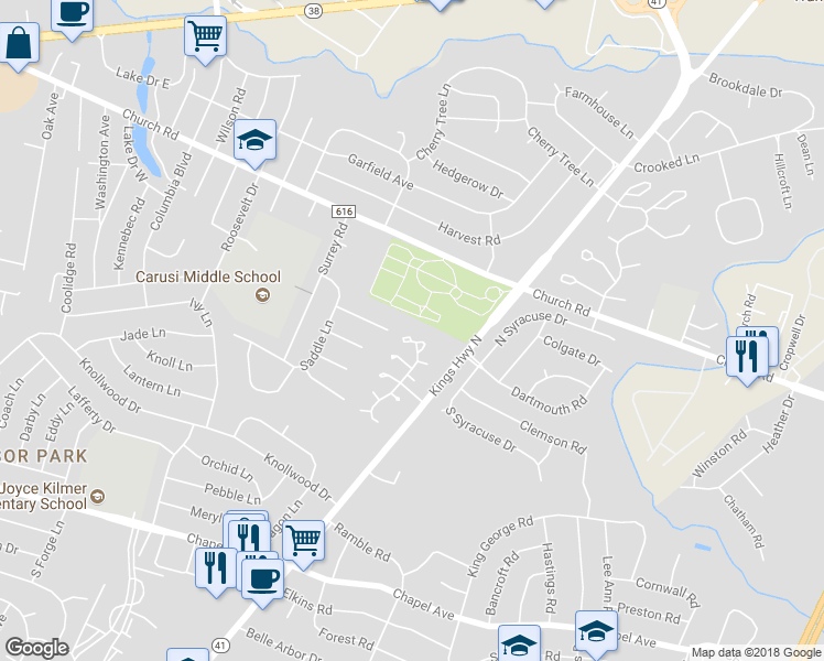 map of restaurants, bars, coffee shops, grocery stores, and more near 106 Greensward Lane in Cherry Hill