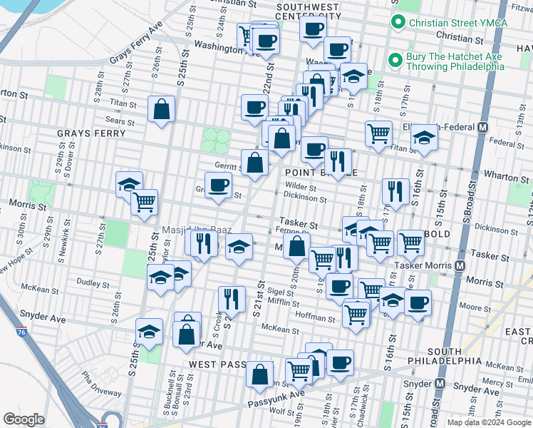 map of restaurants, bars, coffee shops, grocery stores, and more near 2111 Tasker Street in Philadelphia
