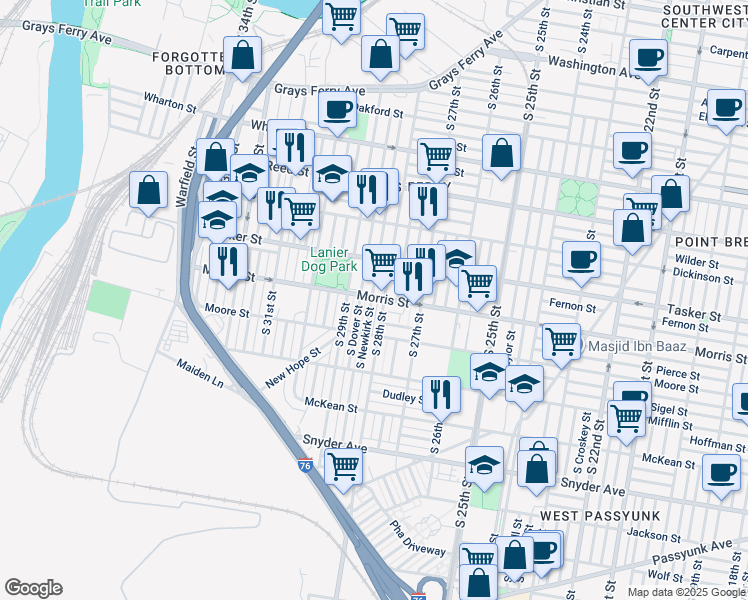 map of restaurants, bars, coffee shops, grocery stores, and more near 1701 South Newkirk Street in Philadelphia