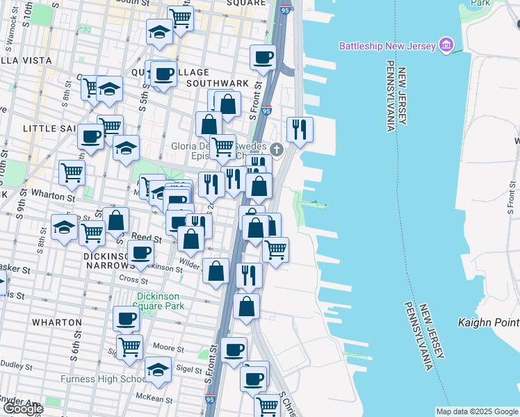 map of restaurants, bars, coffee shops, grocery stores, and more near 1100 South Christopher Columbus Boulevard in Philadelphia