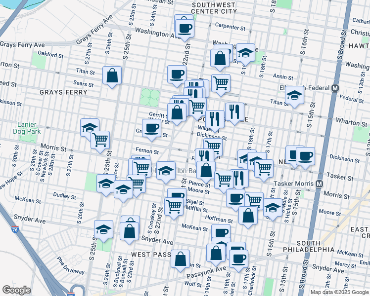 map of restaurants, bars, coffee shops, grocery stores, and more near 2111 Tasker Street in Philadelphia