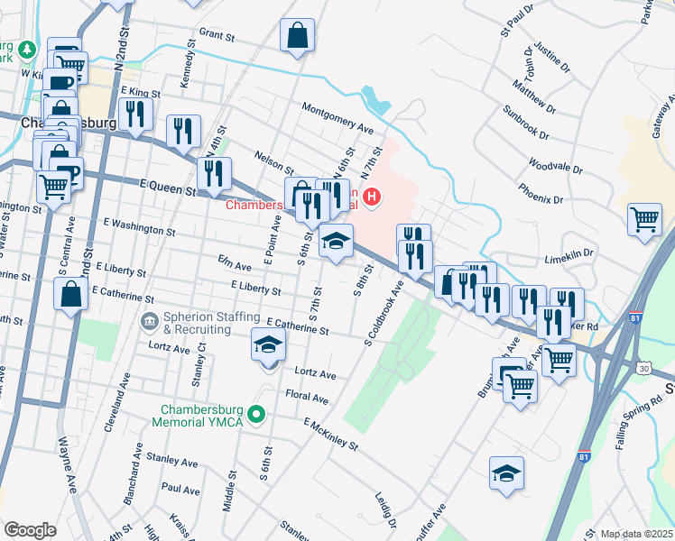 map of restaurants, bars, coffee shops, grocery stores, and more near 730 East Washington Street in Chambersburg