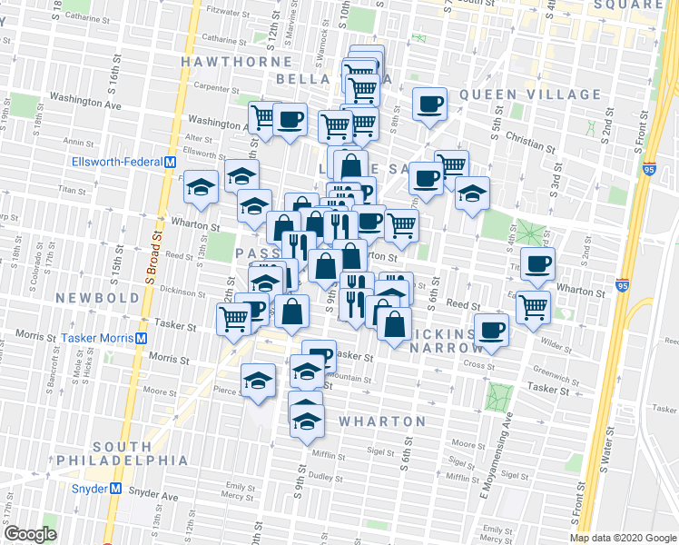 map of restaurants, bars, coffee shops, grocery stores, and more near 1327 South 9th Street in Philadelphia