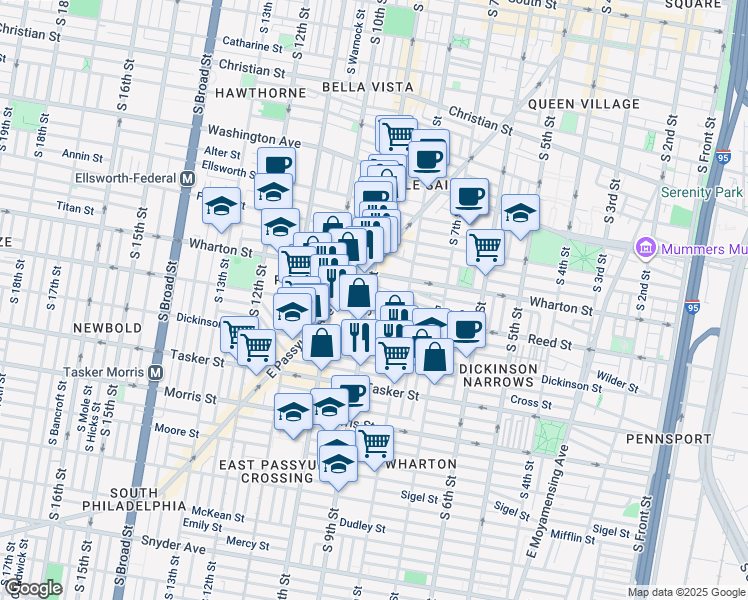 map of restaurants, bars, coffee shops, grocery stores, and more near 1327 South 9th Street in Philadelphia