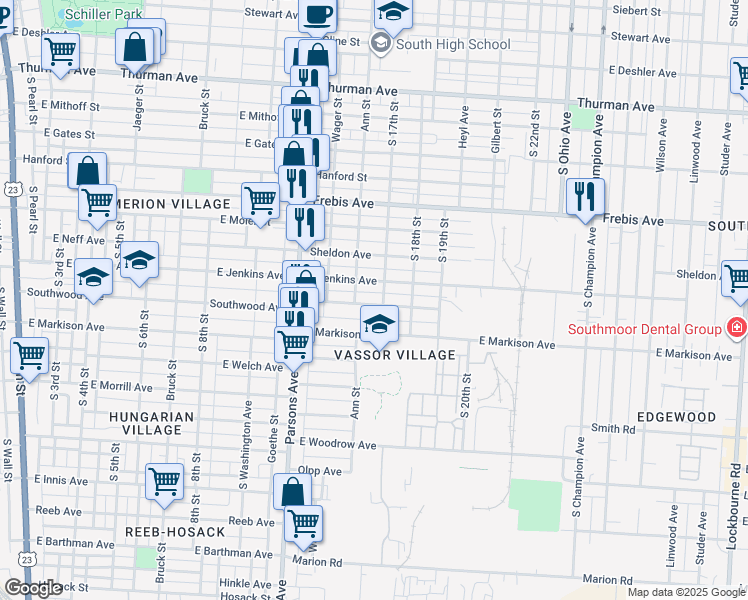 map of restaurants, bars, coffee shops, grocery stores, and more near 586 East Markison Avenue in Columbus
