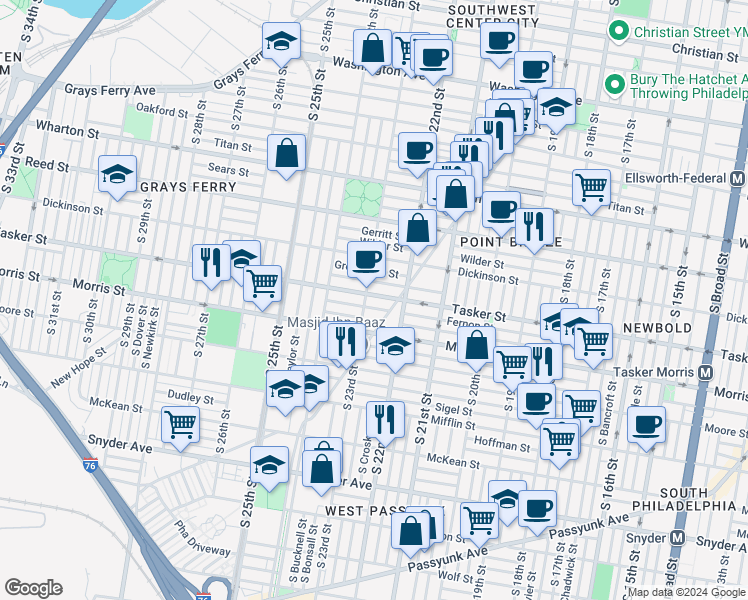map of restaurants, bars, coffee shops, grocery stores, and more near 2232 Tasker Street in Philadelphia