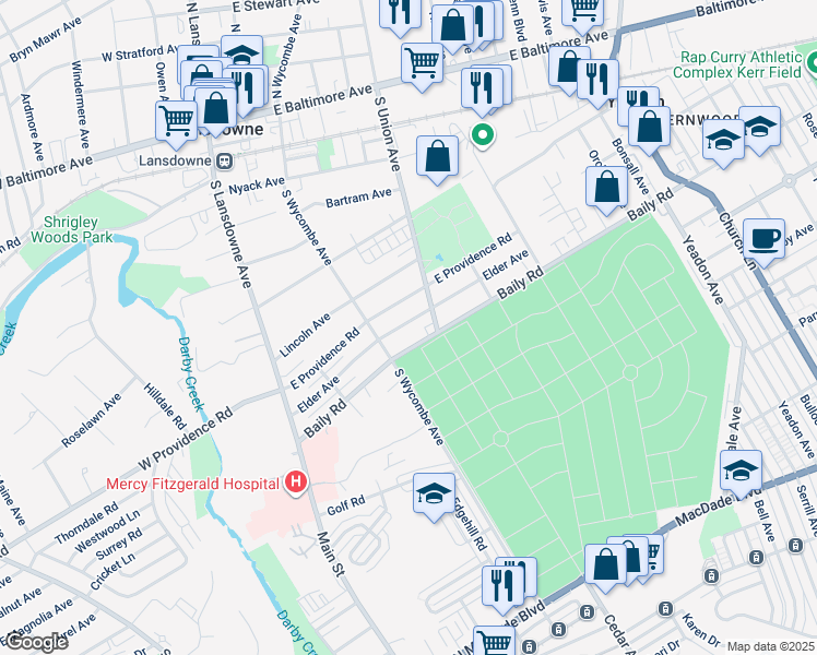map of restaurants, bars, coffee shops, grocery stores, and more near 120 Elder Avenue in Lansdowne