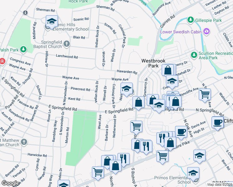 map of restaurants, bars, coffee shops, grocery stores, and more near 51 Colonial Park Drive in Springfield