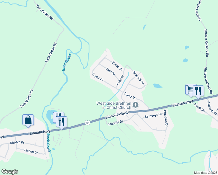 map of restaurants, bars, coffee shops, grocery stores, and more near 149 Topaz Drive in Chambersburg