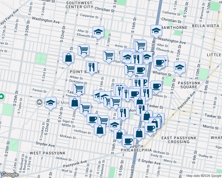 map of restaurants, bars, coffee shops, grocery stores, and more near 1537 South Chadwick Street in Philadelphia