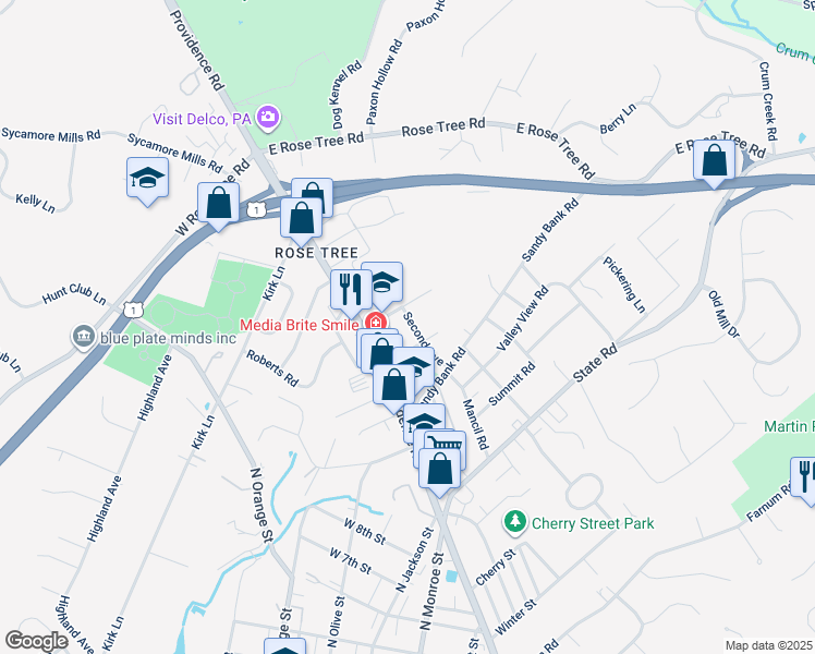 map of restaurants, bars, coffee shops, grocery stores, and more near 1020 Second Avenue in Media