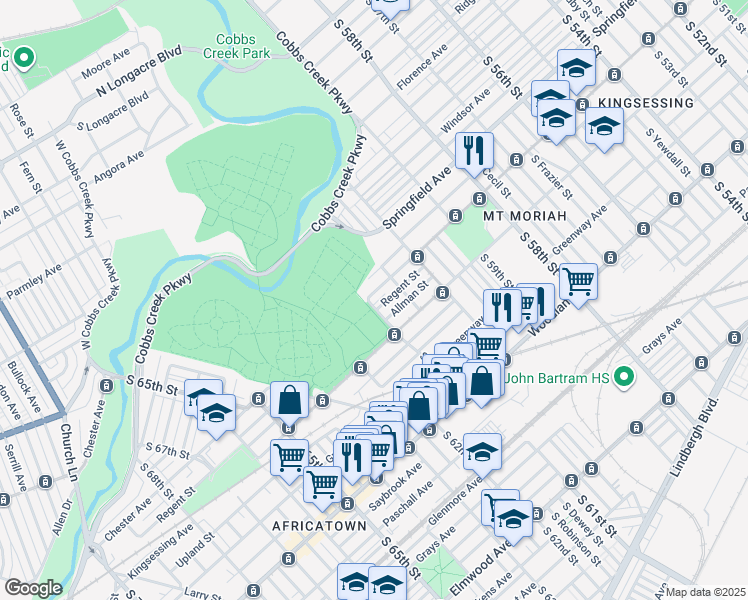 map of restaurants, bars, coffee shops, grocery stores, and more near 6085 Regent Street in Philadelphia