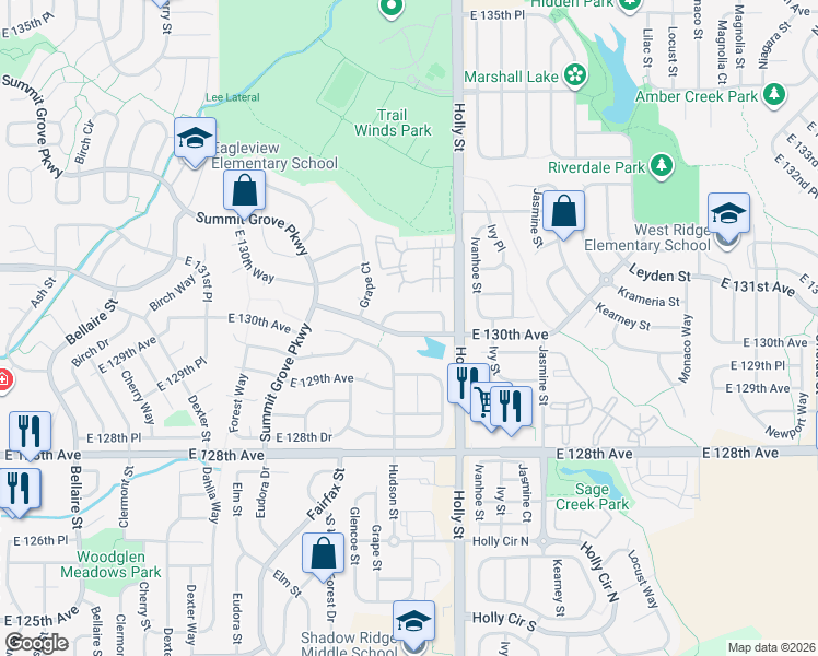 map of restaurants, bars, coffee shops, grocery stores, and more near 5547 East 130th Avenue in Thornton