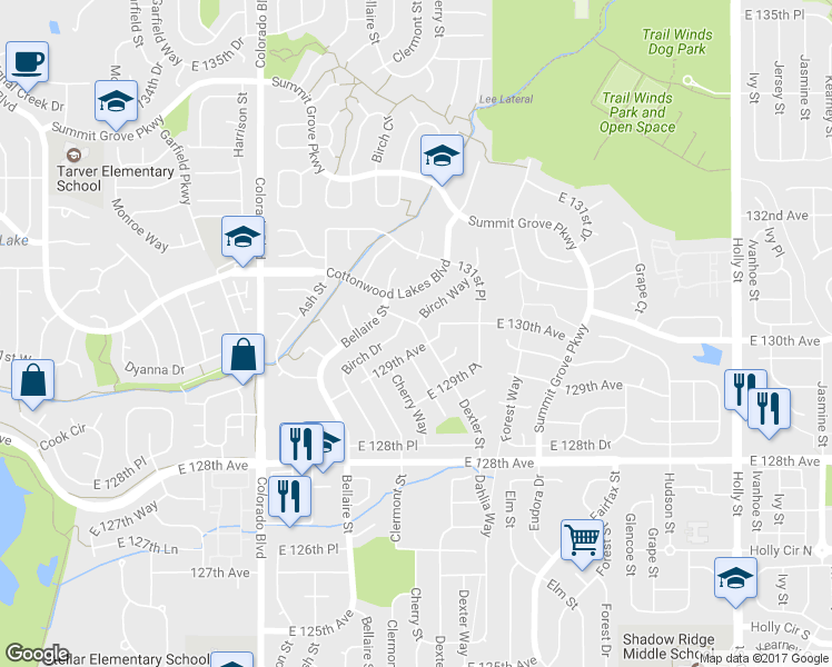 map of restaurants, bars, coffee shops, grocery stores, and more near 12944 Dexter Way in Thornton