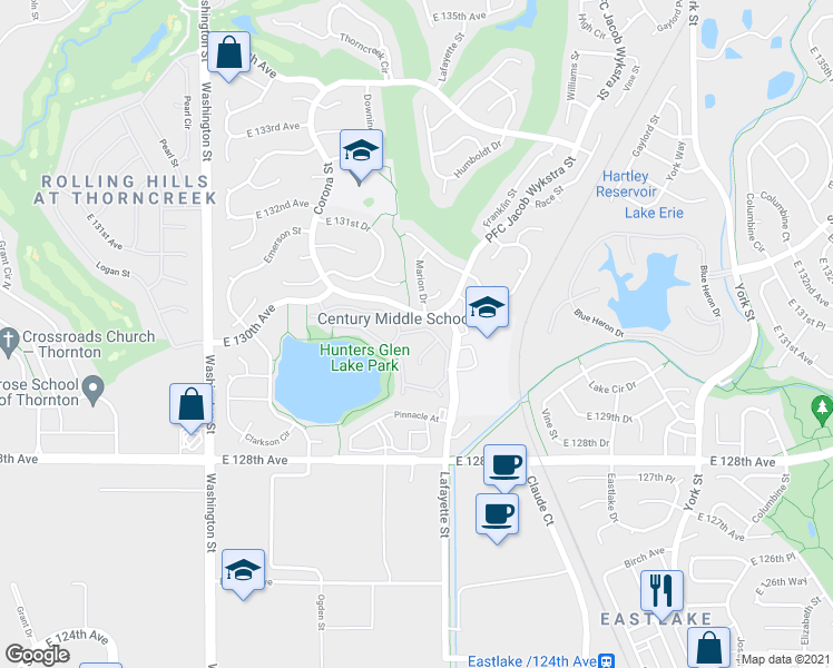 map of restaurants, bars, coffee shops, grocery stores, and more near 12933 Lafayette Street in Thornton
