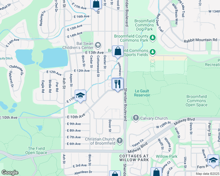 map of restaurants, bars, coffee shops, grocery stores, and more near 1110 East 10th Avenue in Broomfield